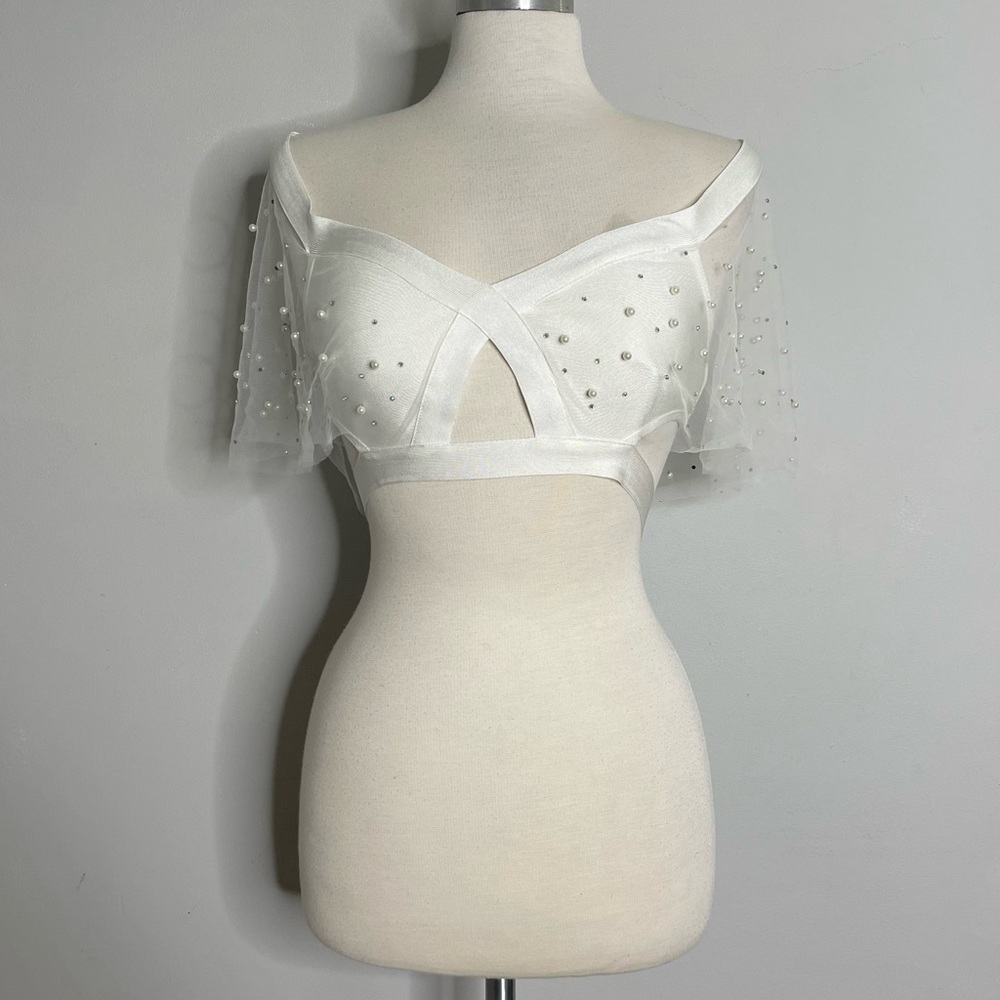 WOW COUTURE Crystal & Pearl Mesh Cape Bodycon Bandage Bra Top